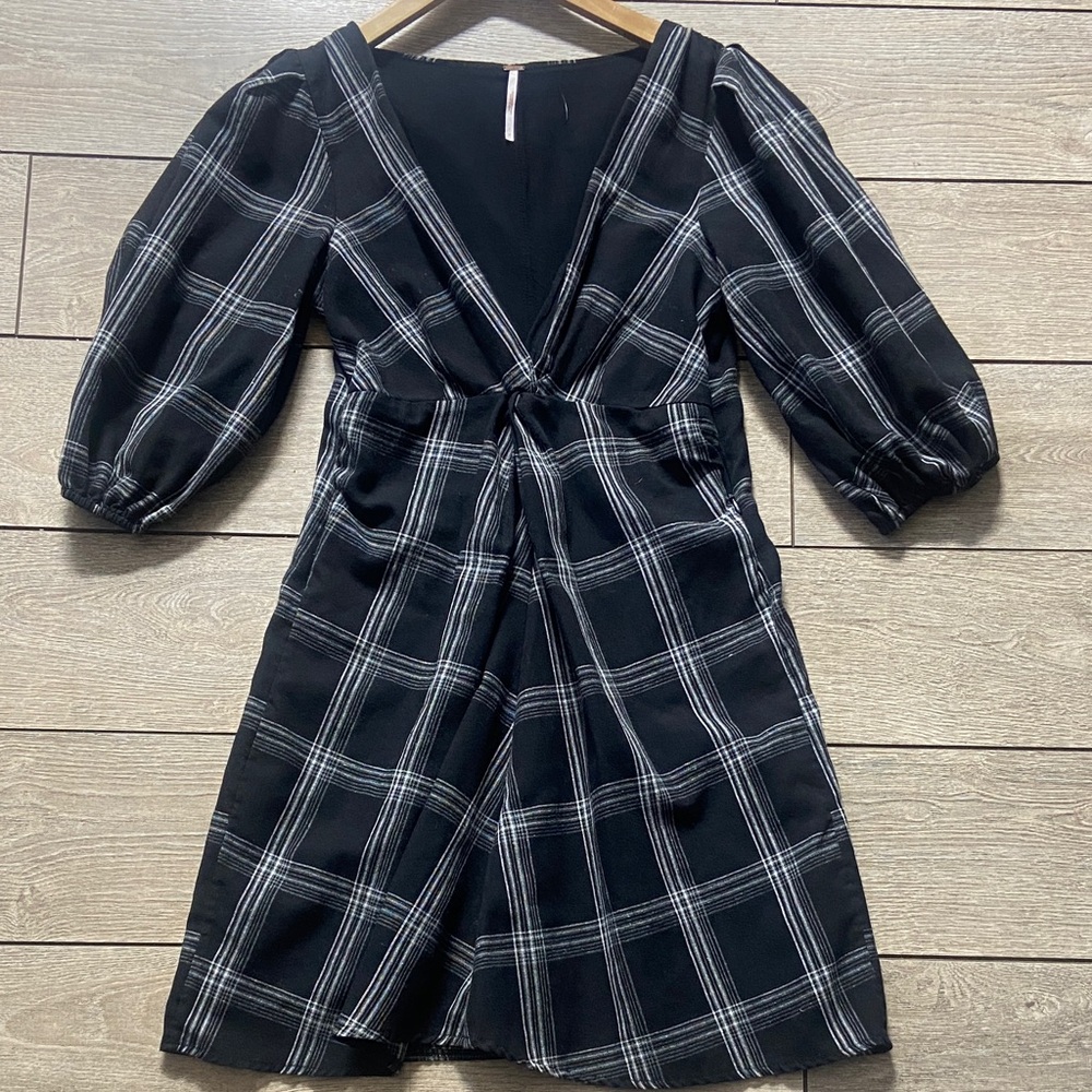 Free People Black and White Plaid Long Sleeve Dress